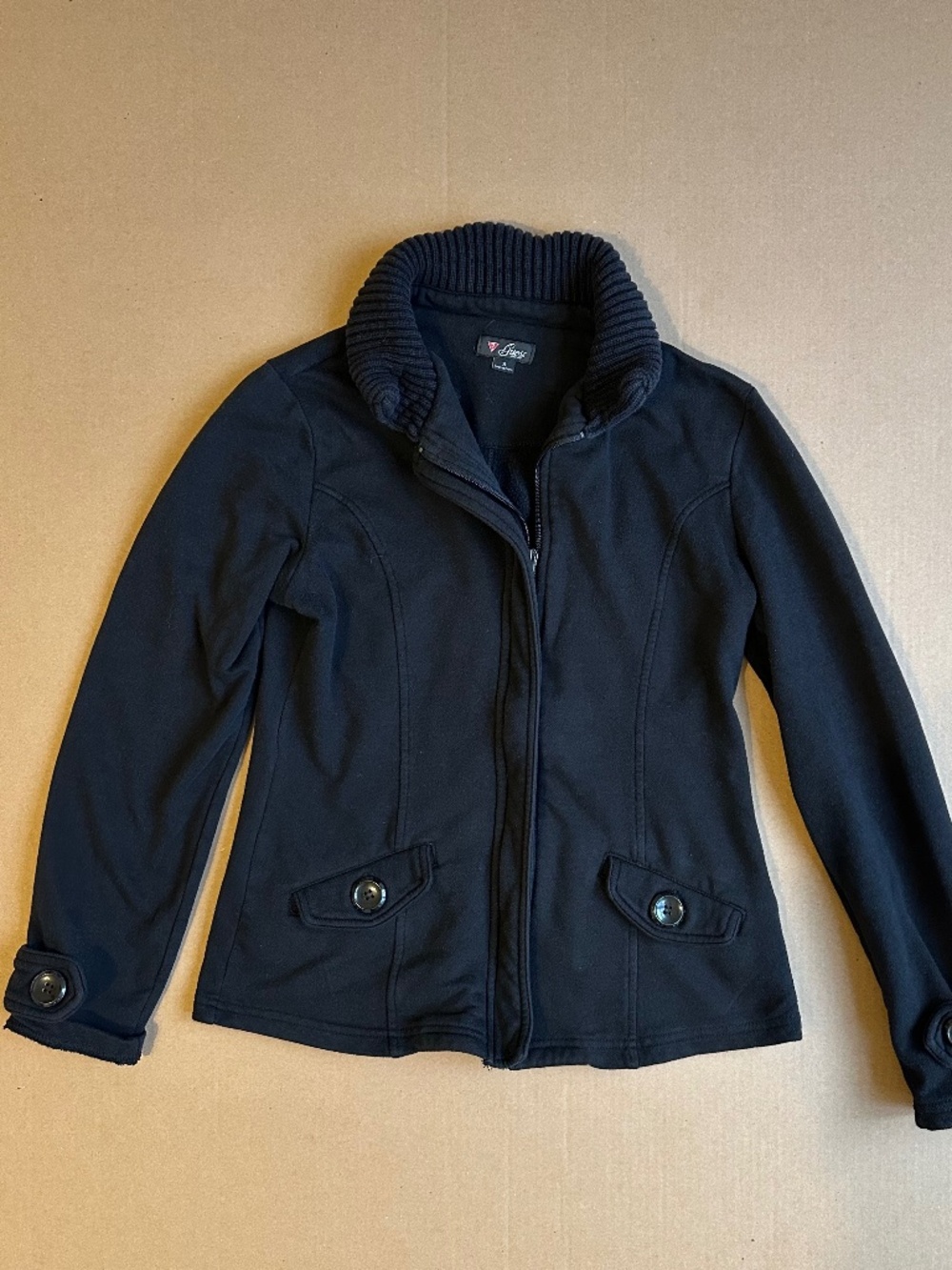 GUESS Black Zip Up Jacket Ribbed Collar Button Flap Pockets Size Small